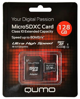 Изображение Карта памяти Qumo MicroSDXC Class 10 128 Гб адаптер на SD QM128GMICSDXC10U1