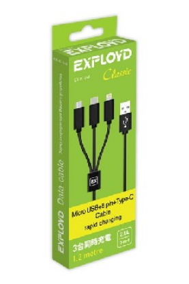 Изображение EXPLOYD EX-K-646 USB - microUSB 8 Pin TYPE-C круглый силикон чёрный 3 в 1 Classic 1.2М 2.1A