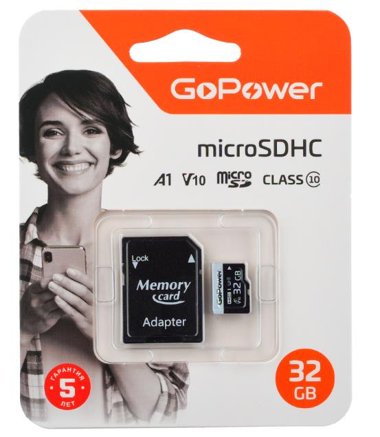 Изображение Карта памяти GoPower MicroSDHC Class 10 32 Гб адаптер на SD 00-00025675